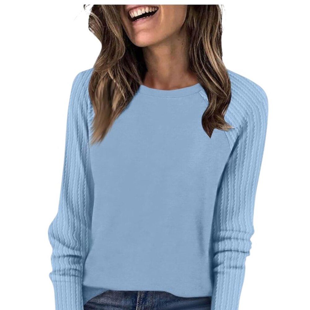 Light Blue Long-Sleeve Crewneck Knit Pullover For Women Size‎ L